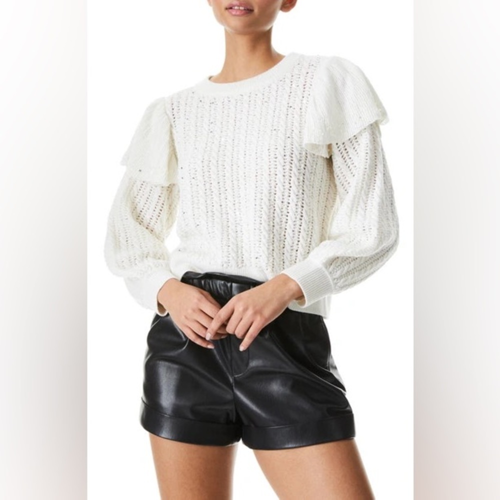Alice + Olivia Rosi Sequined Embellished Ruffle Cable Knit Soft White Sweater